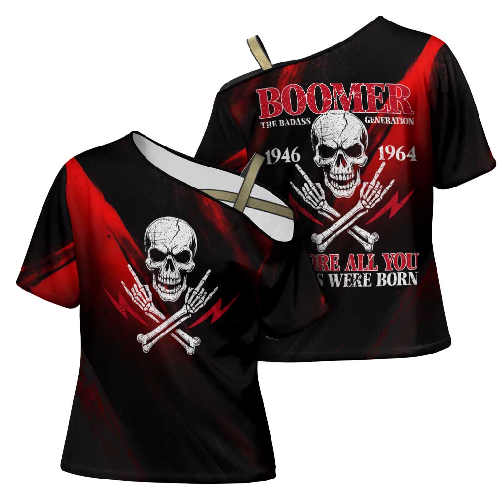 Boomer Generation Cross Shoulder Shirt with Skull Crossbones and Grunge Streak Pattern