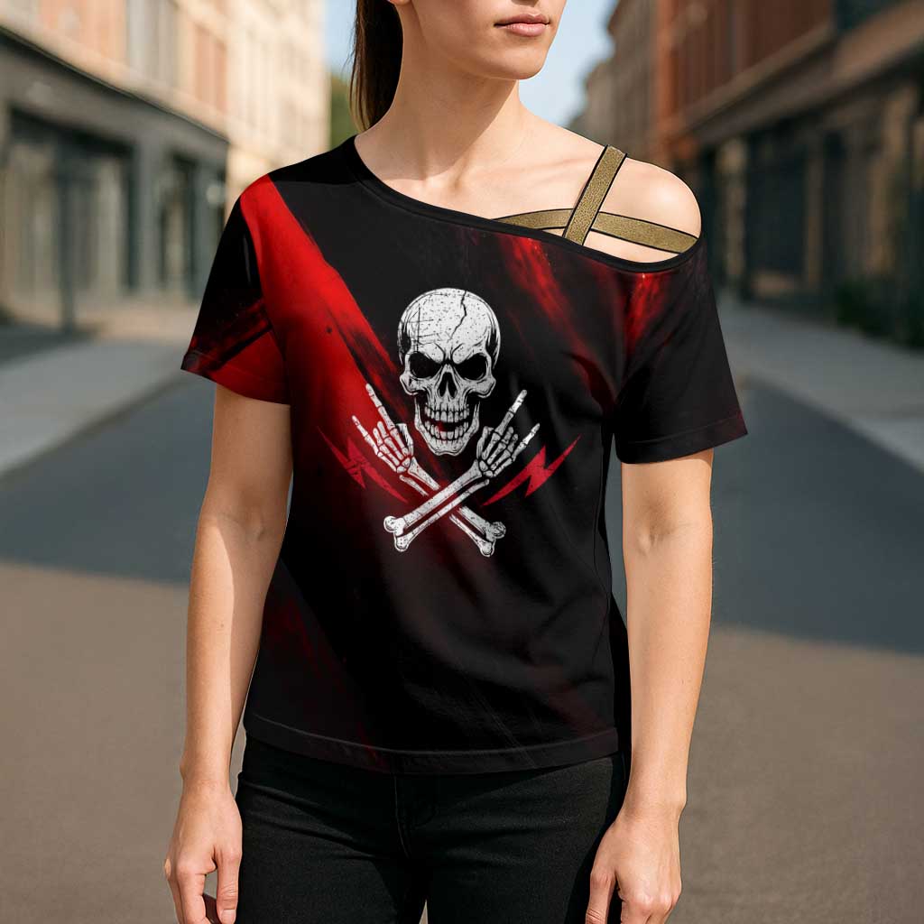 Boomer Generation Cross Shoulder Shirt with Skull Crossbones and Grunge Streak Pattern