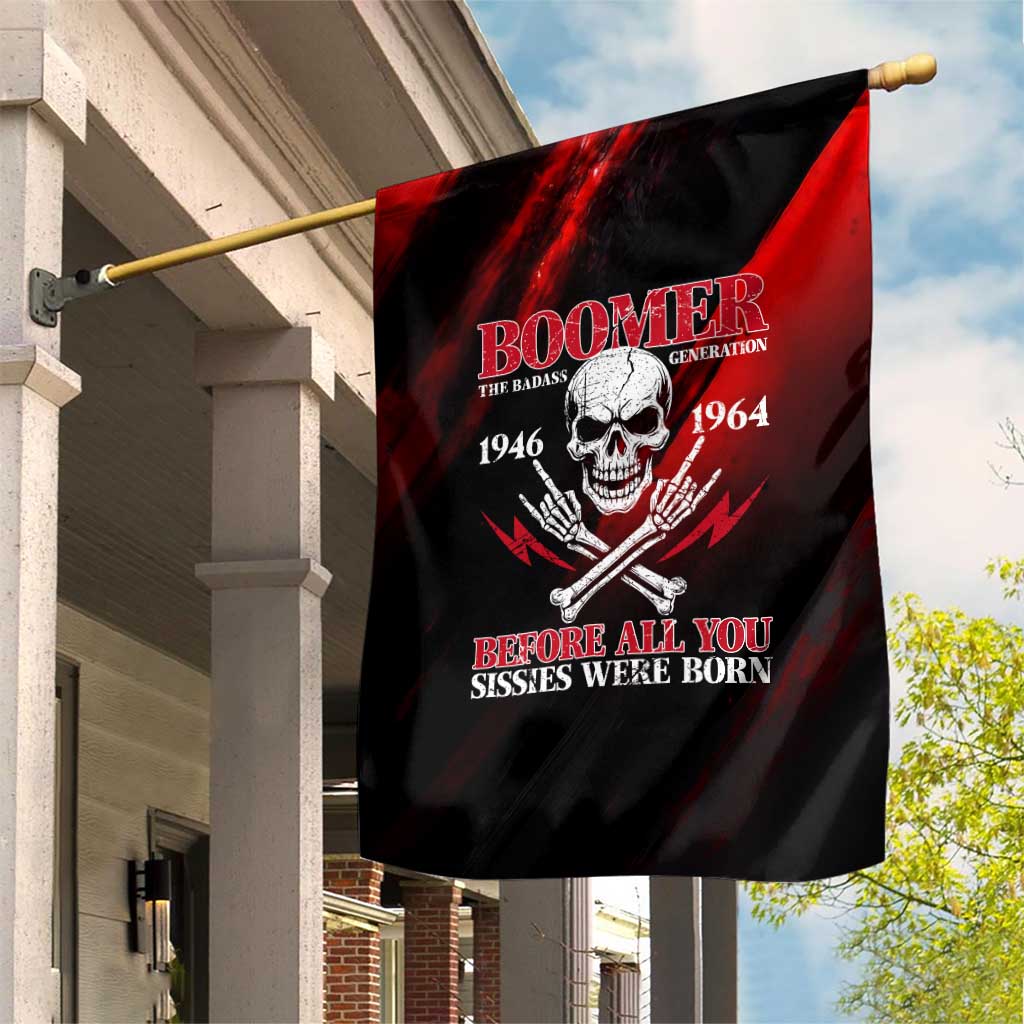 Boomer Generation Garden Flag with Skull Crossbones and Grunge Streak Pattern