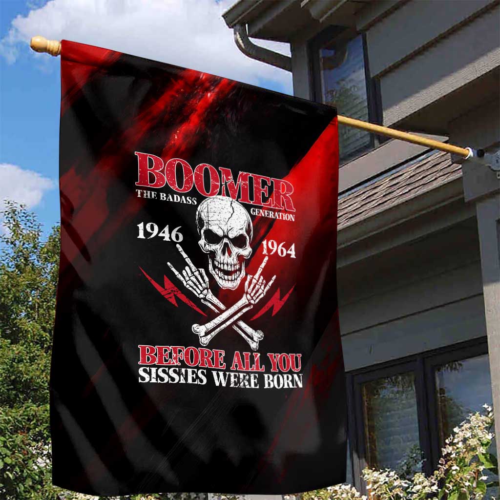 Boomer Generation Garden Flag with Skull Crossbones and Grunge Streak Pattern