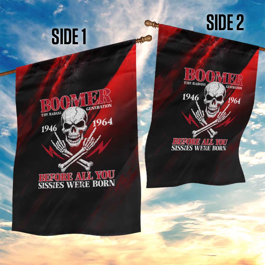 Boomer Generation Garden Flag with Skull Crossbones and Grunge Streak Pattern