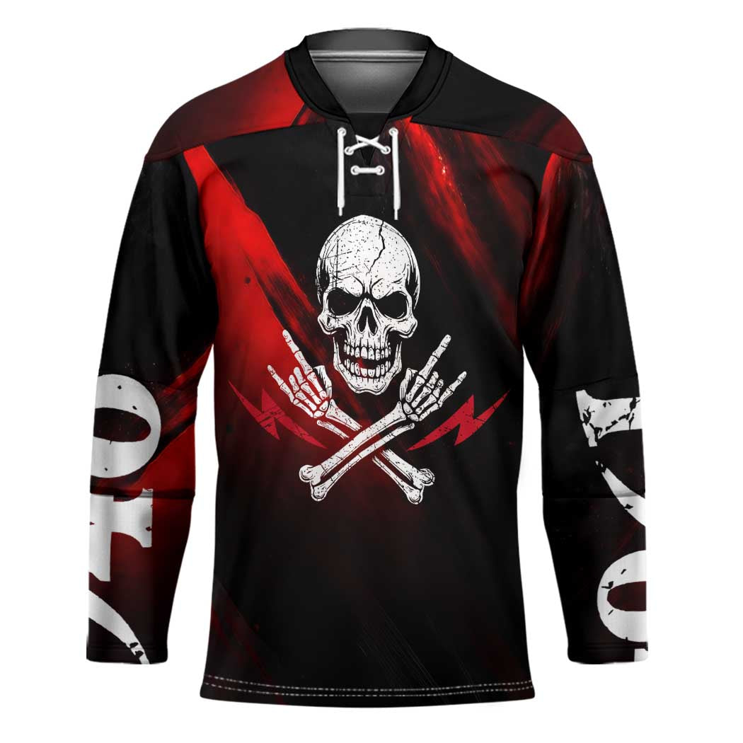 Boomer Generation Hockey Jersey with Skull Crossbones and Grunge Streak Pattern