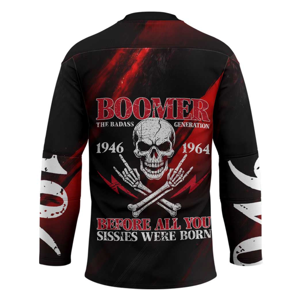 Boomer Generation Hockey Jersey with Skull Crossbones and Grunge Streak Pattern