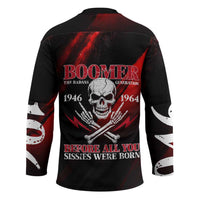 Boomer Generation Hockey Jersey with Skull Crossbones and Grunge Streak Pattern