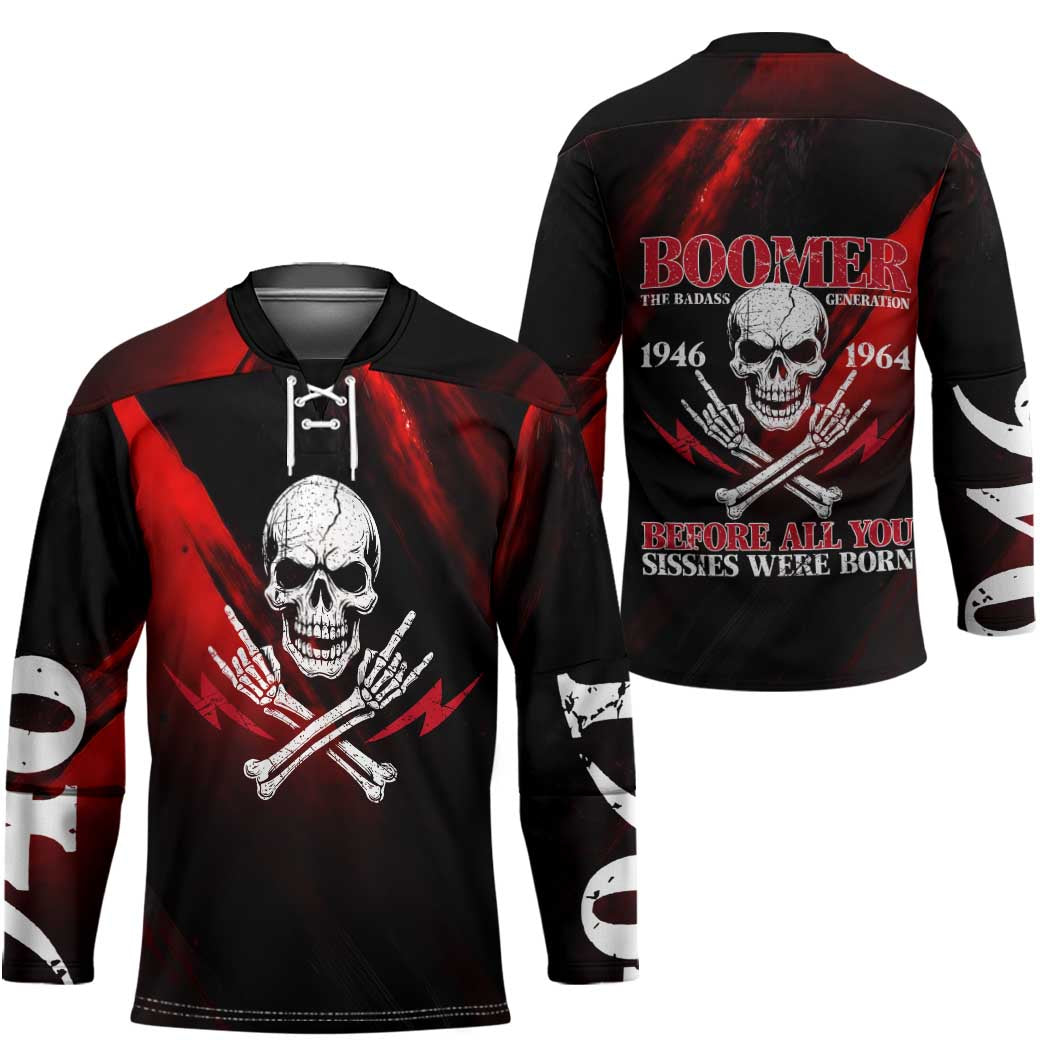 Boomer Generation Hockey Jersey with Skull Crossbones and Grunge Streak Pattern