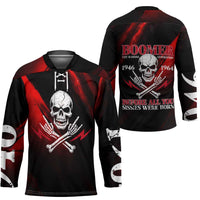 Boomer Generation Hockey Jersey with Skull Crossbones and Grunge Streak Pattern