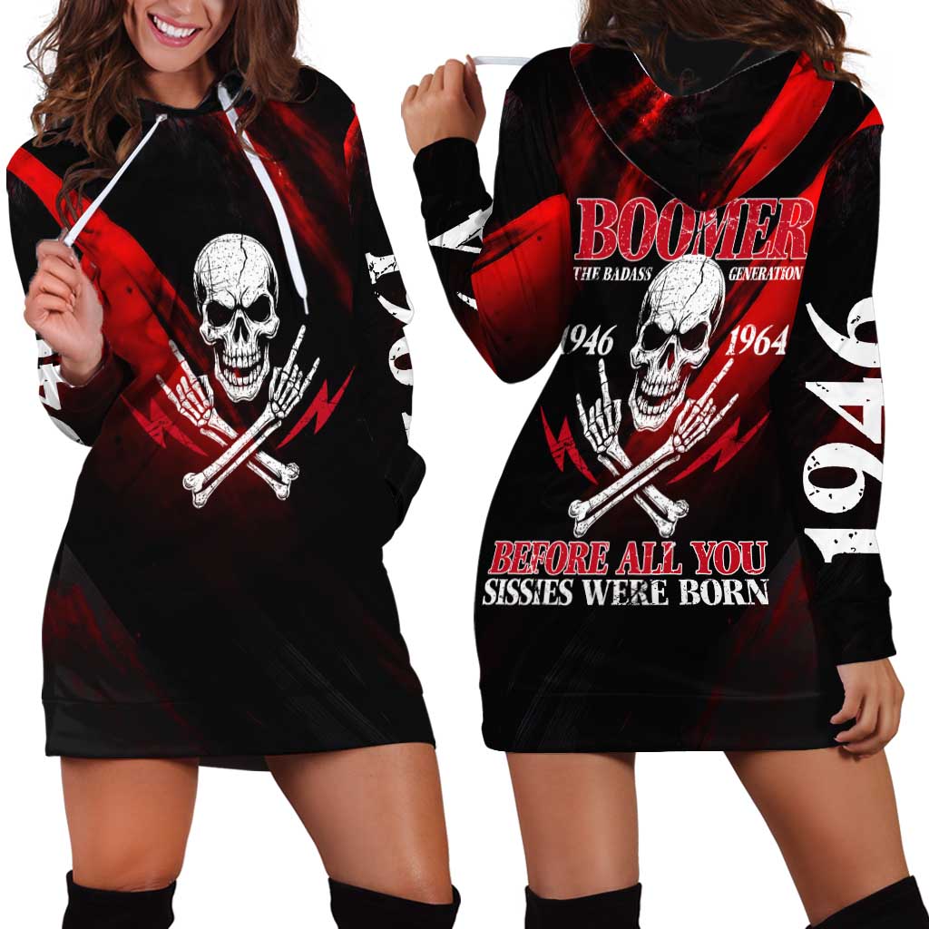 Boomer Generation Hoodie Dress with Skull Crossbones and Grunge Streak Pattern