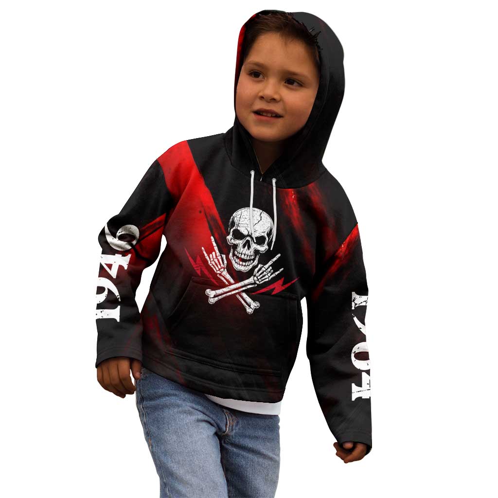 Boomer Generation Kid Hoodie with Skull Crossbones and Grunge Streak Pattern