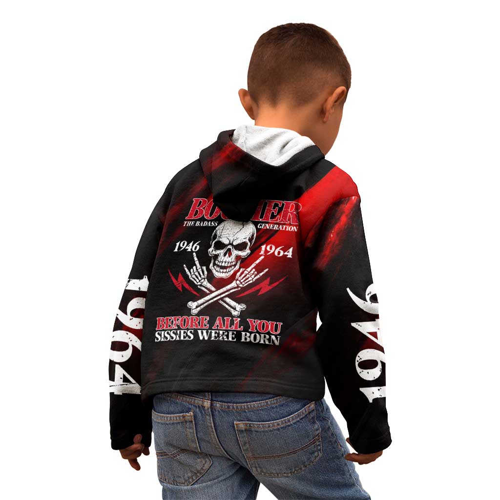 Boomer Generation Kid Hoodie with Skull Crossbones and Grunge Streak Pattern