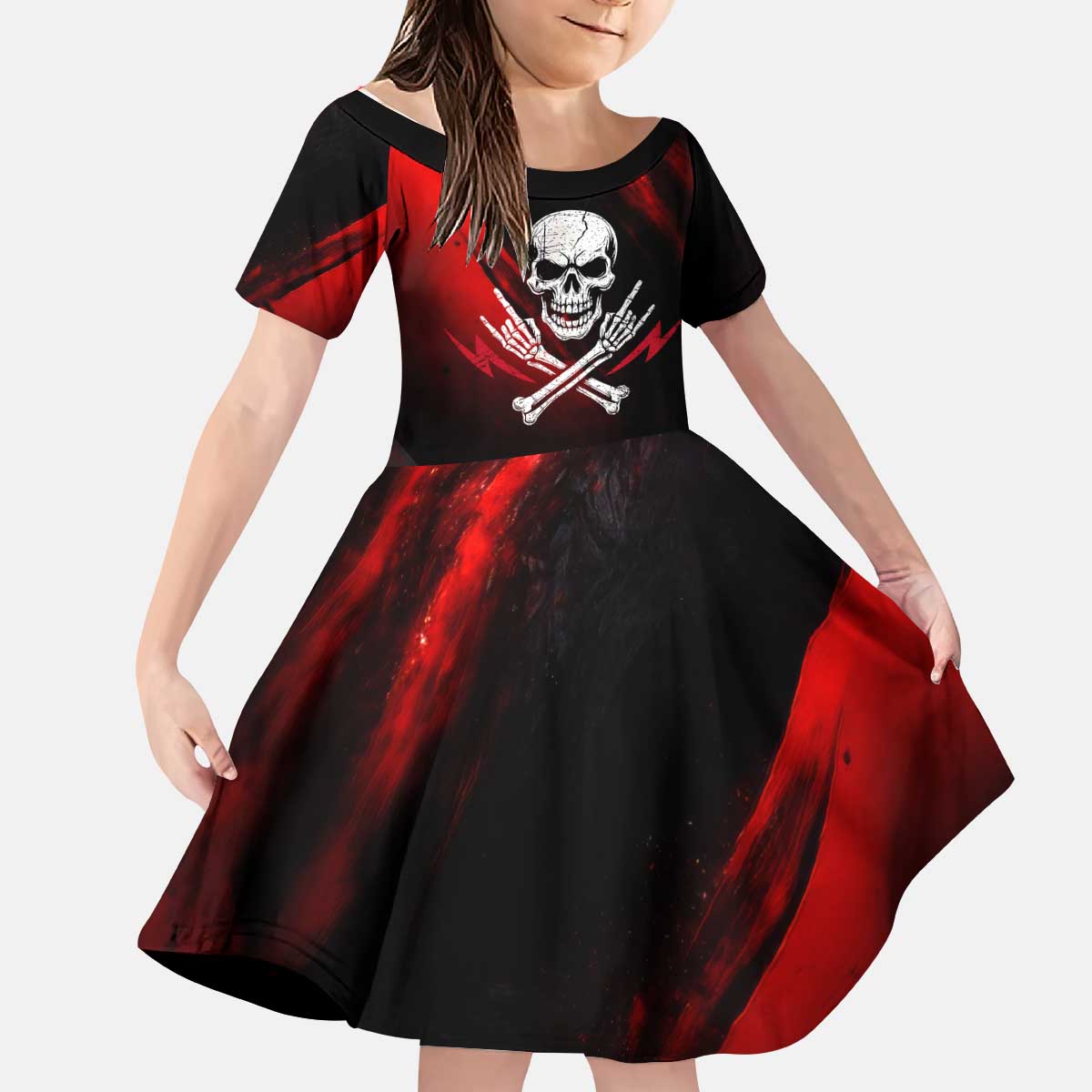Boomer Generation Kid Short Sleeve Dress with Skull Crossbones and Grunge Streak Pattern