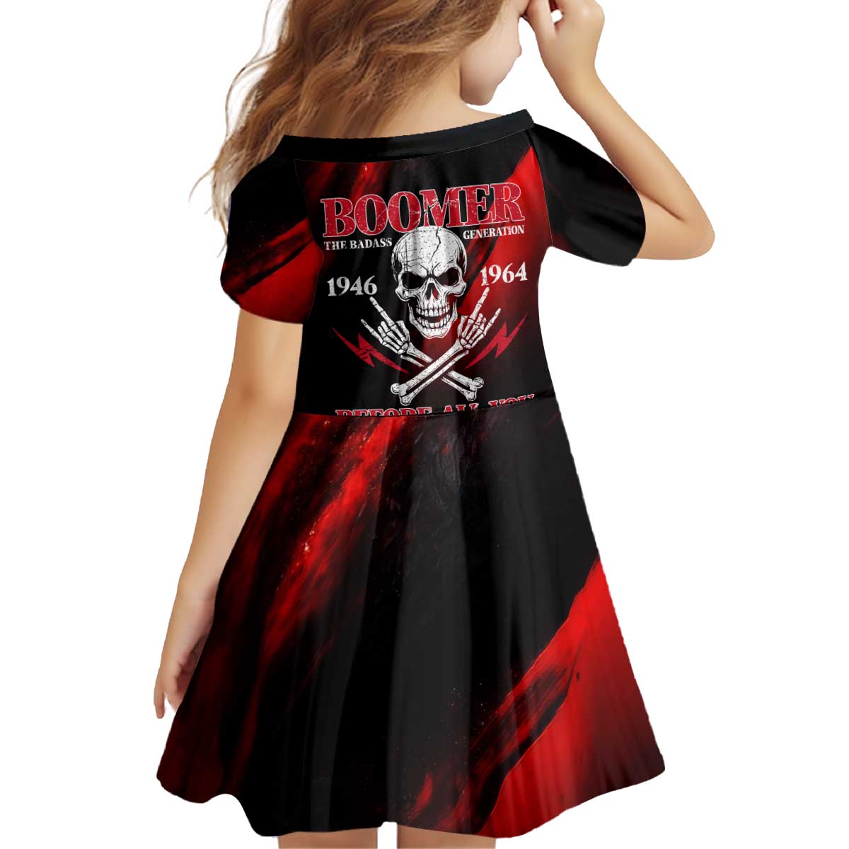 Boomer Generation Kid Short Sleeve Dress with Skull Crossbones and Grunge Streak Pattern