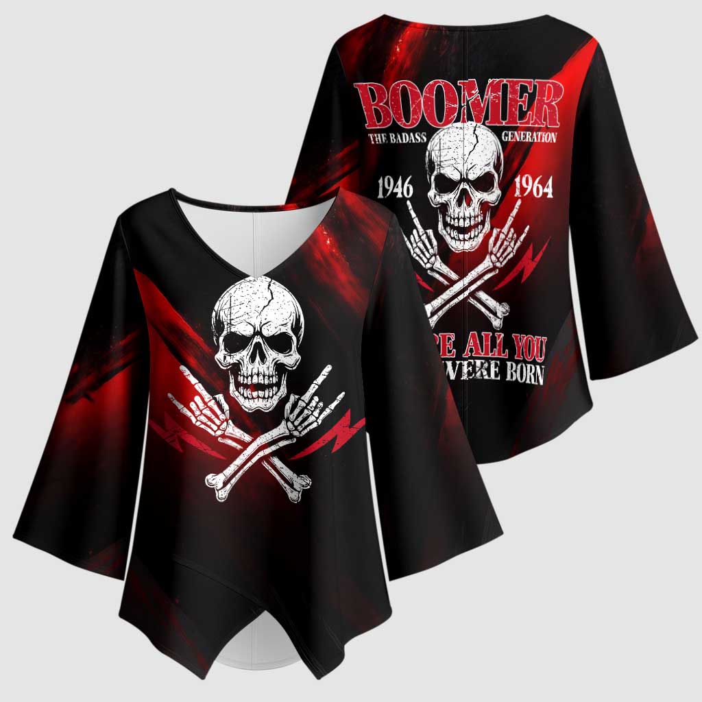 Boomer Generation Kimono Sleeve Blouse with Skull Crossbones and Grunge Streak Pattern