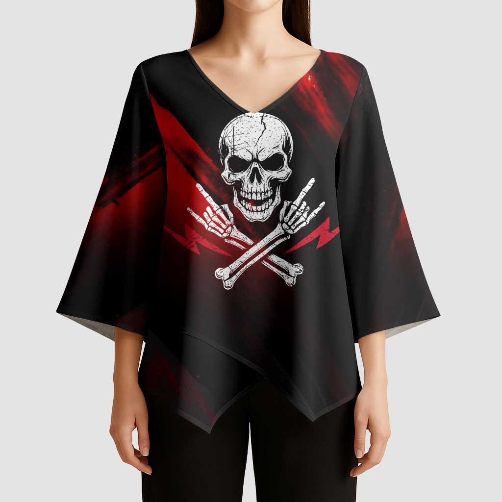 Boomer Generation Kimono Sleeve Blouse with Skull Crossbones and Grunge Streak Pattern