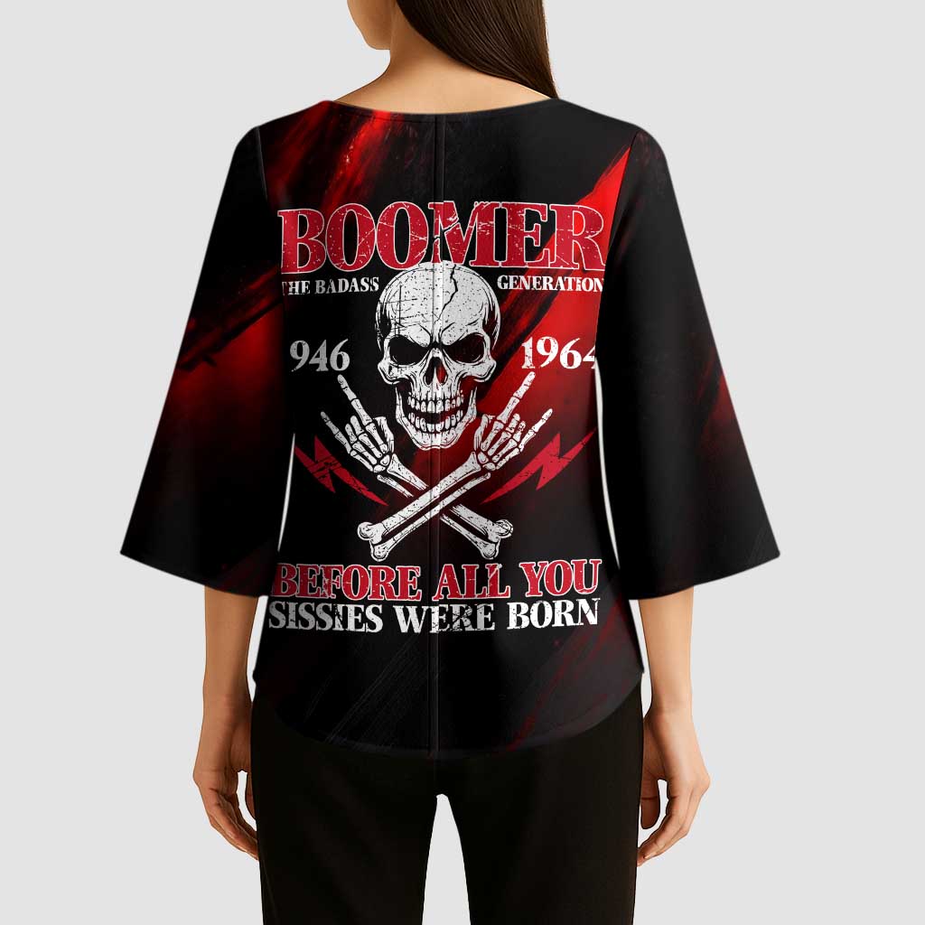 Boomer Generation Kimono Sleeve Blouse with Skull Crossbones and Grunge Streak Pattern