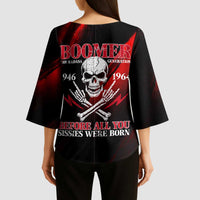 Boomer Generation Kimono Sleeve Blouse with Skull Crossbones and Grunge Streak Pattern