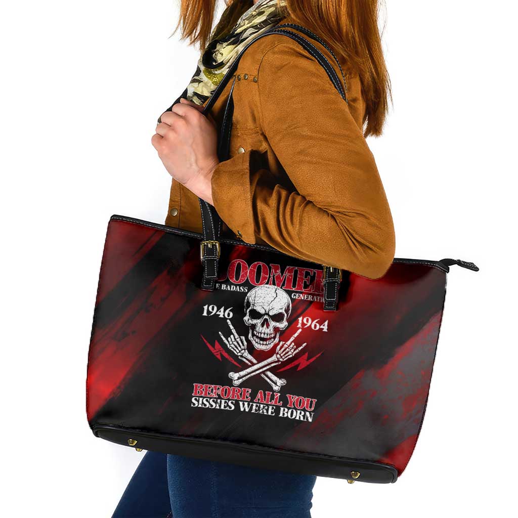 Boomer Generation Leather Tote Bag with Skull Crossbones and Grunge Streak Pattern