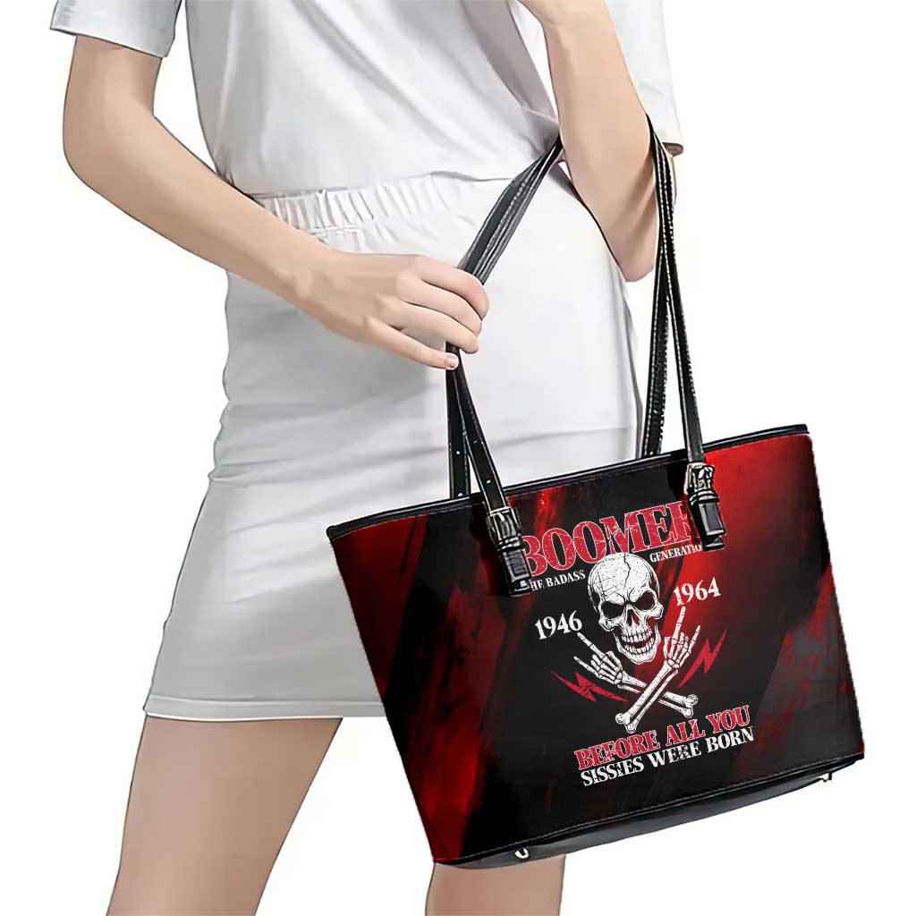 Boomer Generation Leather Tote Bag with Skull Crossbones and Grunge Streak Pattern