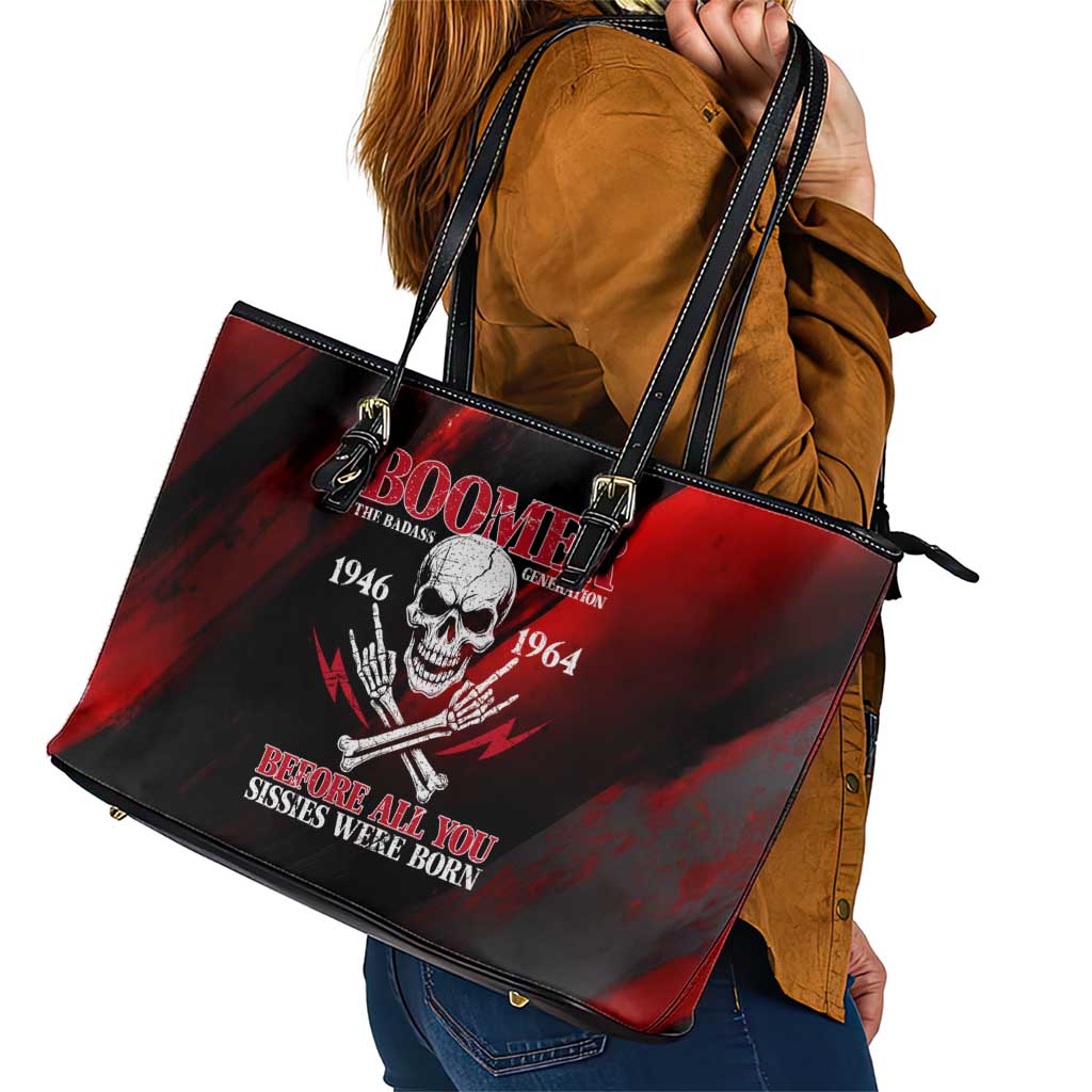 Boomer Generation Leather Tote Bag with Skull Crossbones and Grunge Streak Pattern