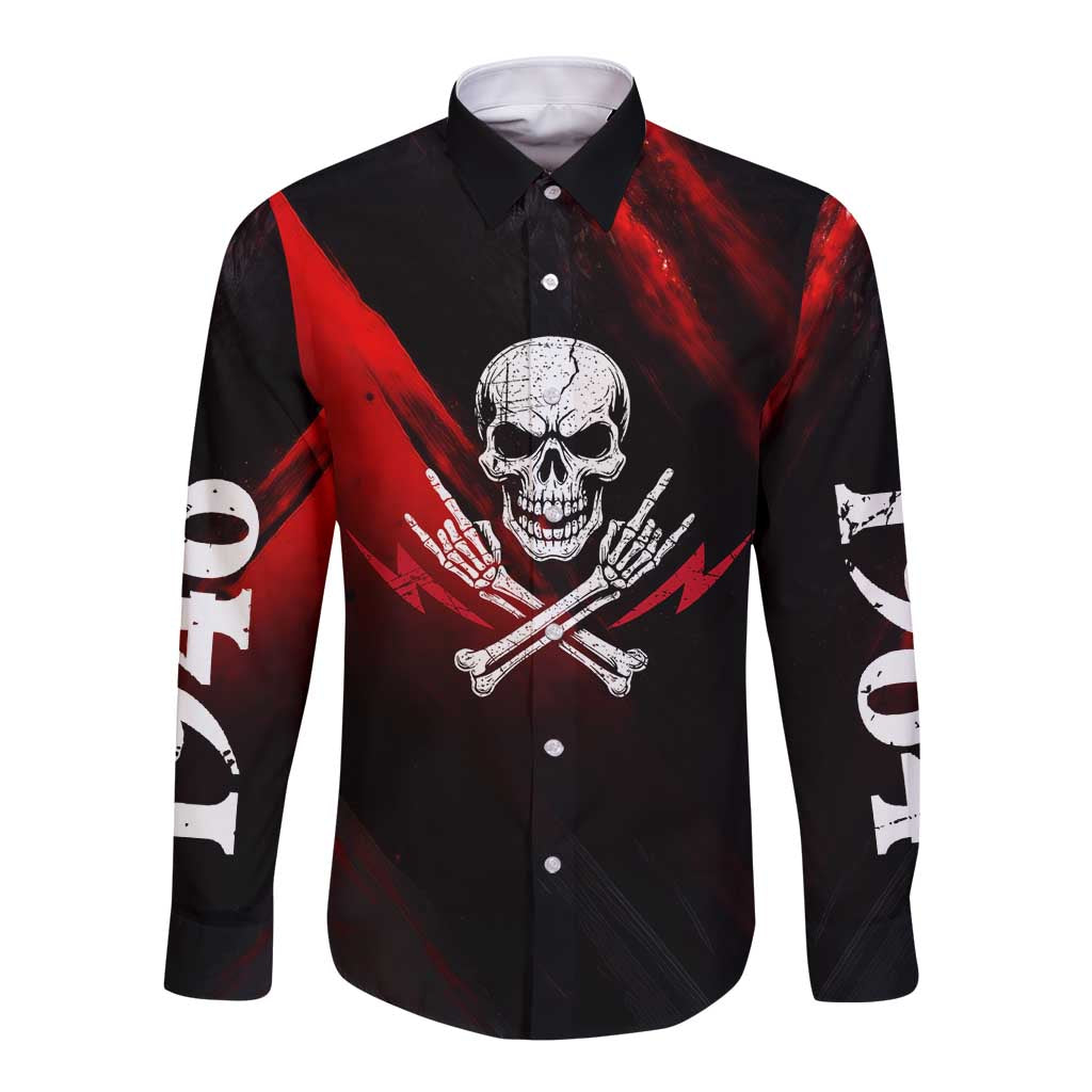 Boomer Generation Long Sleeve Button Shirt with Skull Crossbones and Grunge Streak Pattern