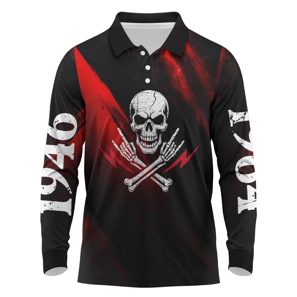 Boomer Generation Long Sleeve Polo Shirt with Skull Crossbones and Grunge Streak Pattern