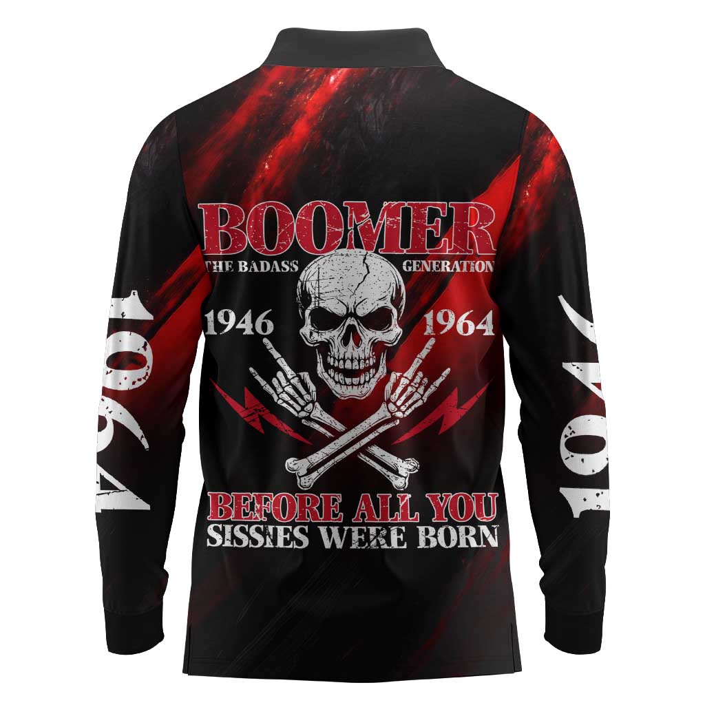 Boomer Generation Long Sleeve Polo Shirt with Skull Crossbones and Grunge Streak Pattern