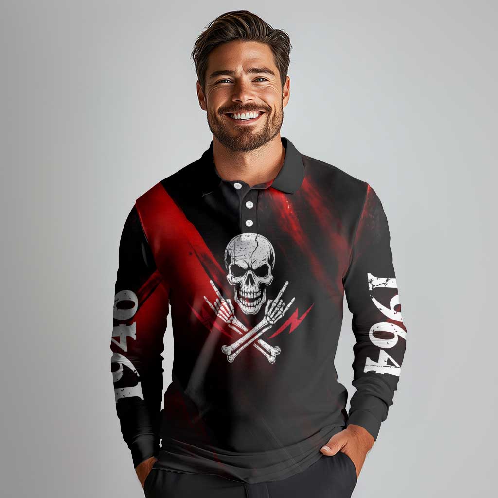 Boomer Generation Long Sleeve Polo Shirt with Skull Crossbones and Grunge Streak Pattern