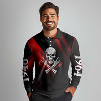 Boomer Generation Long Sleeve Polo Shirt with Skull Crossbones and Grunge Streak Pattern