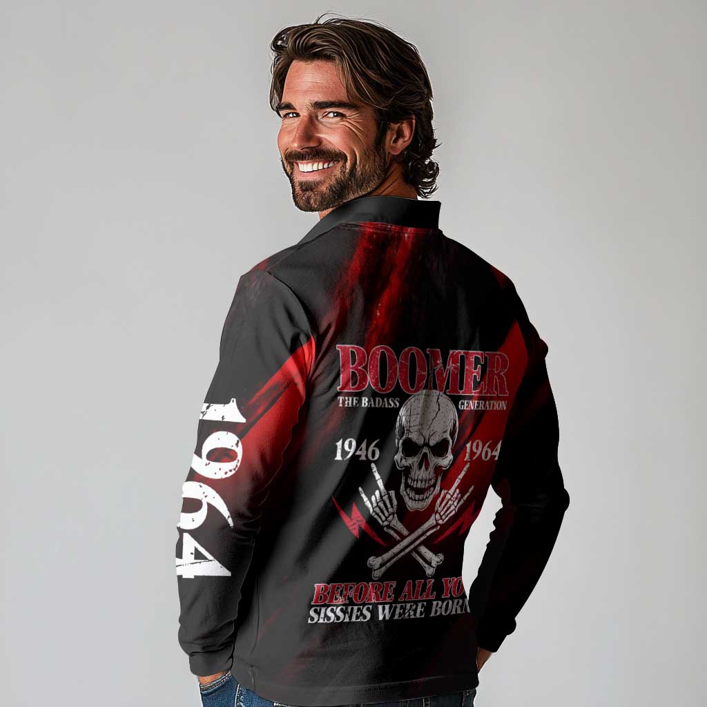 Boomer Generation Long Sleeve Polo Shirt with Skull Crossbones and Grunge Streak Pattern