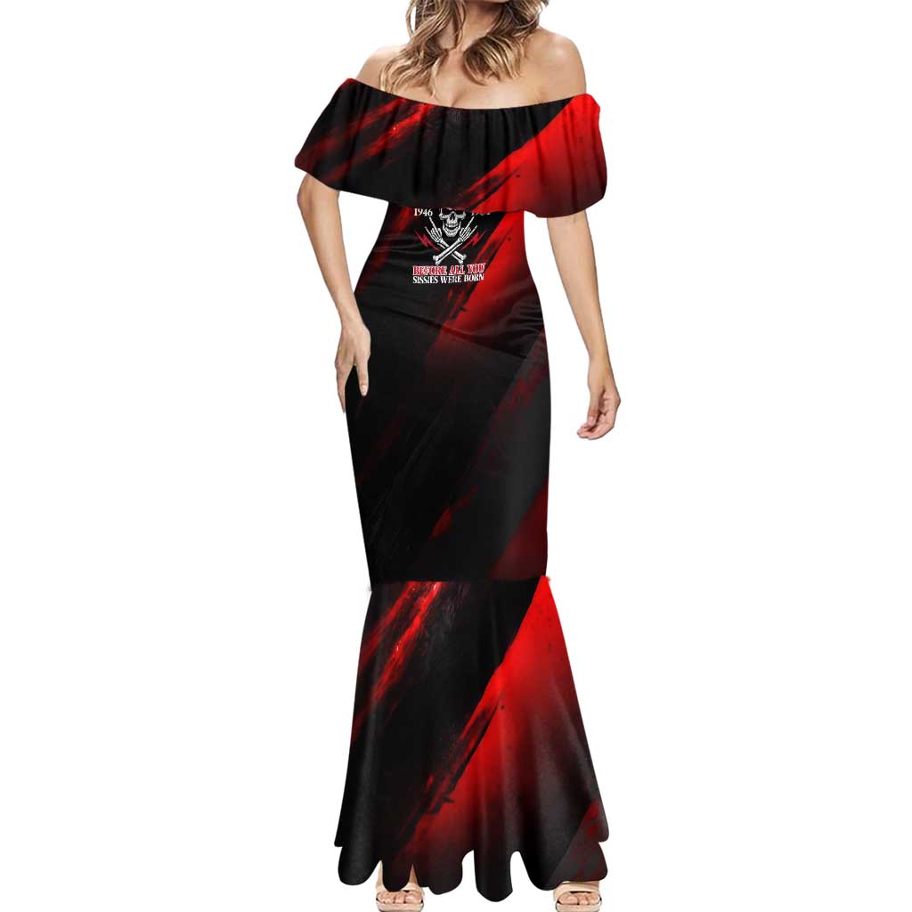 Boomer Generation Mermaid Dress with Skull Crossbones and Grunge Streak Pattern