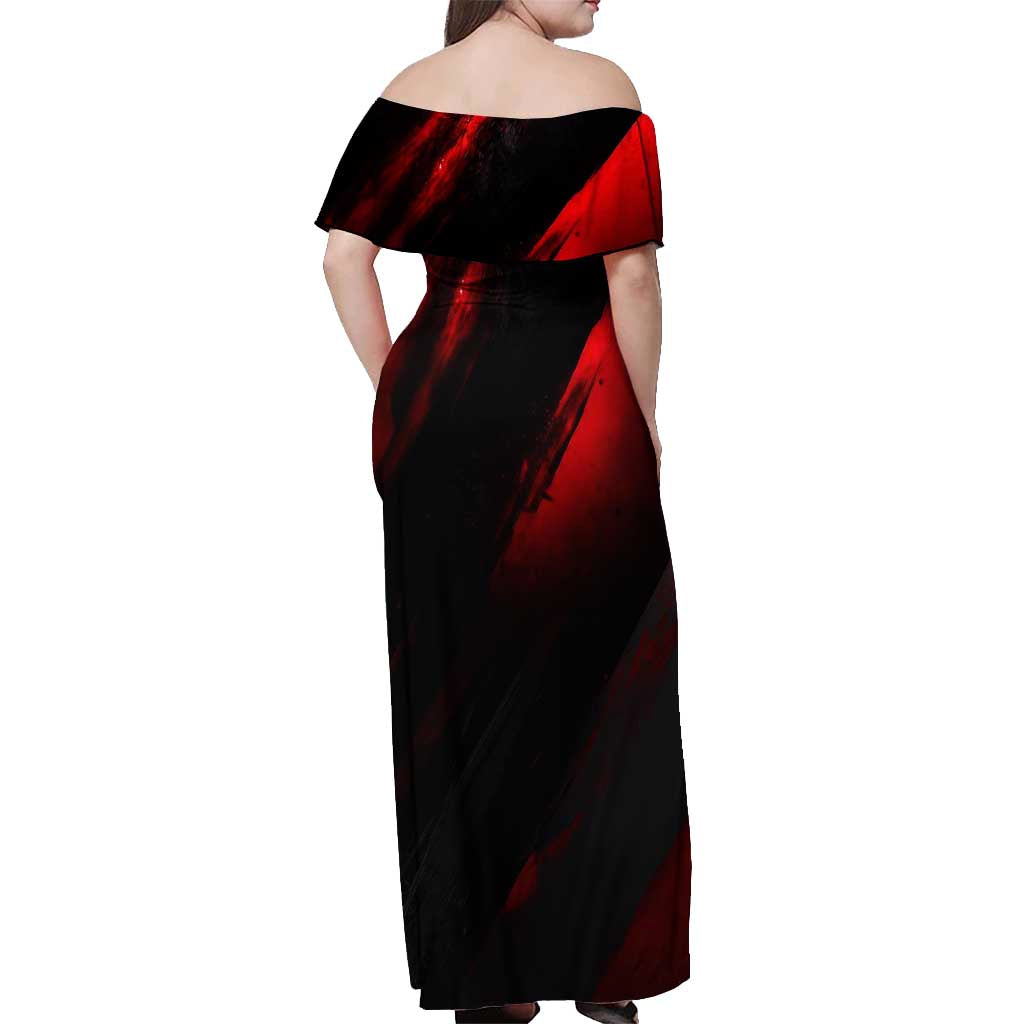 Boomer Generation Off Shoulder Maxi Dress with Skull Crossbones and Grunge Streak Pattern