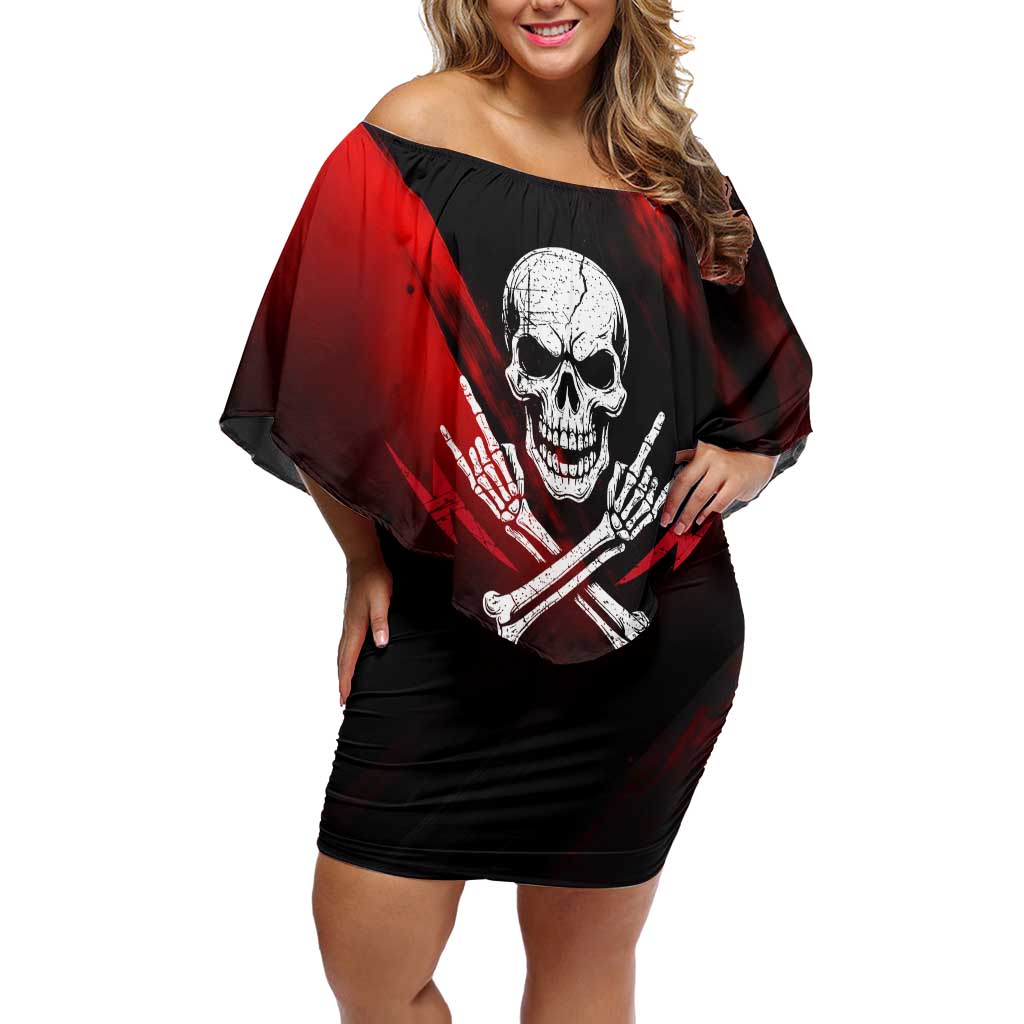 Boomer Generation Off Shoulder Short Dress with Skull Crossbones and Grunge Streak Pattern
