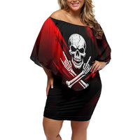 Boomer Generation Off Shoulder Short Dress with Skull Crossbones and Grunge Streak Pattern