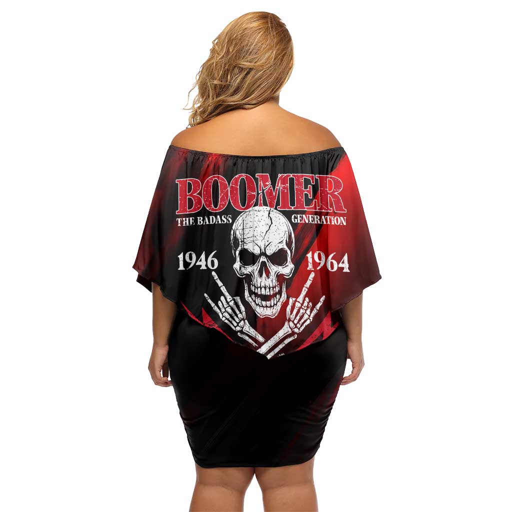 Boomer Generation Off Shoulder Short Dress with Skull Crossbones and Grunge Streak Pattern