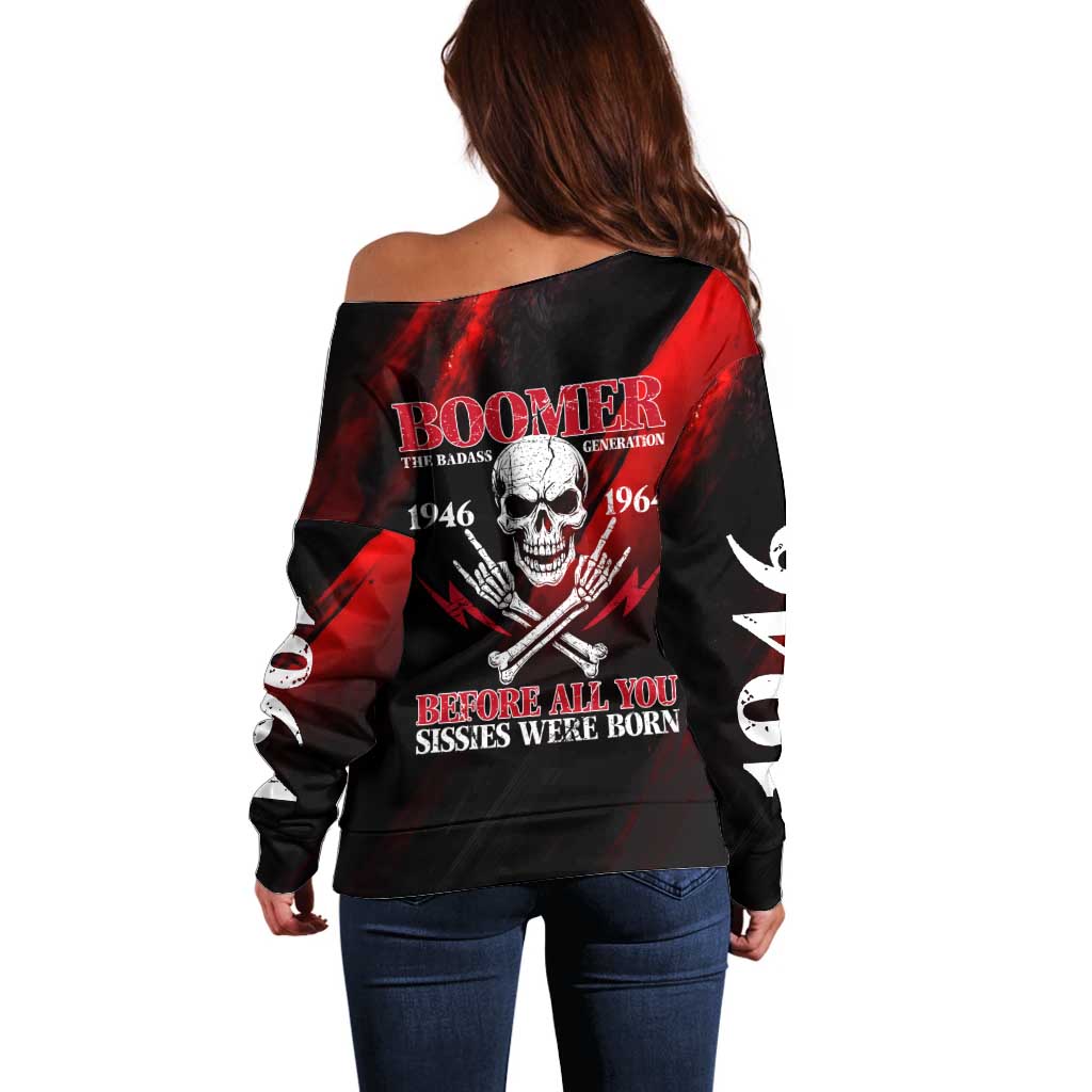 Boomer Generation Off Shoulder Sweater with Skull Crossbones and Grunge Streak Pattern