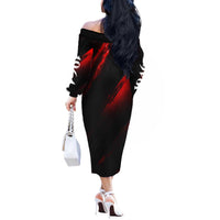 Boomer Generation Off The Shoulder Long Sleeve Dress with Skull Crossbones and Grunge Streak Pattern