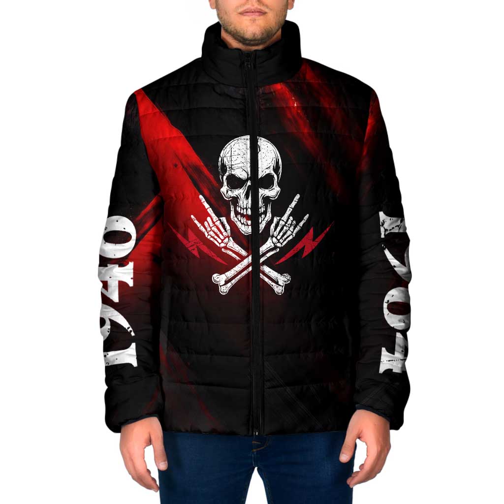 Boomer Generation Padded Jacket with Skull Crossbones and Grunge Streak Pattern