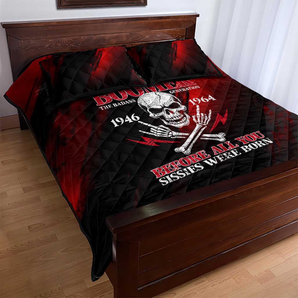 Boomer Generation Quilt Bed Set with Skull Crossbones and Grunge Streak Pattern