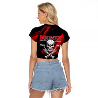 Boomer Generation Raglan Cropped T Shirt with Skull Crossbones and Grunge Streak Pattern