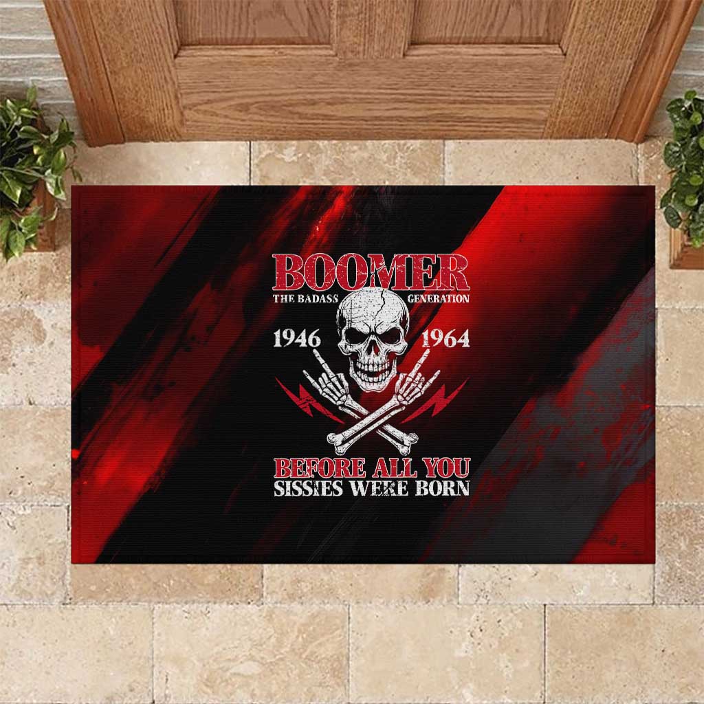 Boomer Generation Rubber Doormat with Skull Crossbones and Grunge Streak Pattern