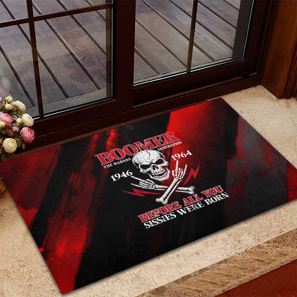 Boomer Generation Rubber Doormat with Skull Crossbones and Grunge Streak Pattern