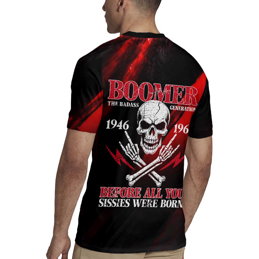 Boomer Generation Rugby Jersey with Skull Crossbones and Grunge Streak Pattern