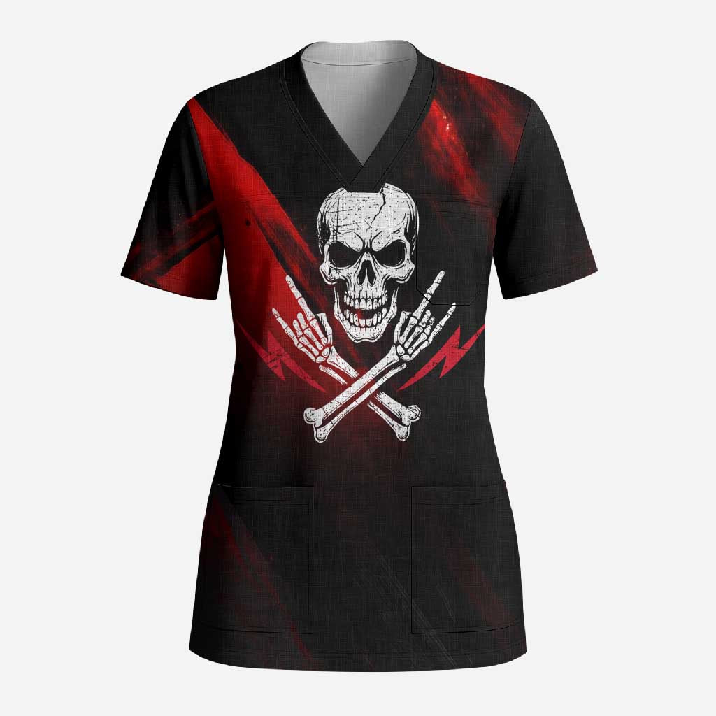 Boomer Generation Scrub Top with Skull Crossbones and Grunge Streak Pattern