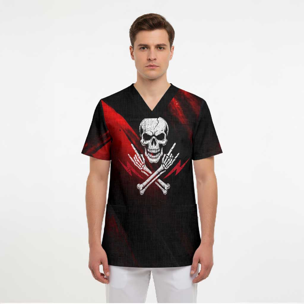 Boomer Generation Scrub Top with Skull Crossbones and Grunge Streak Pattern