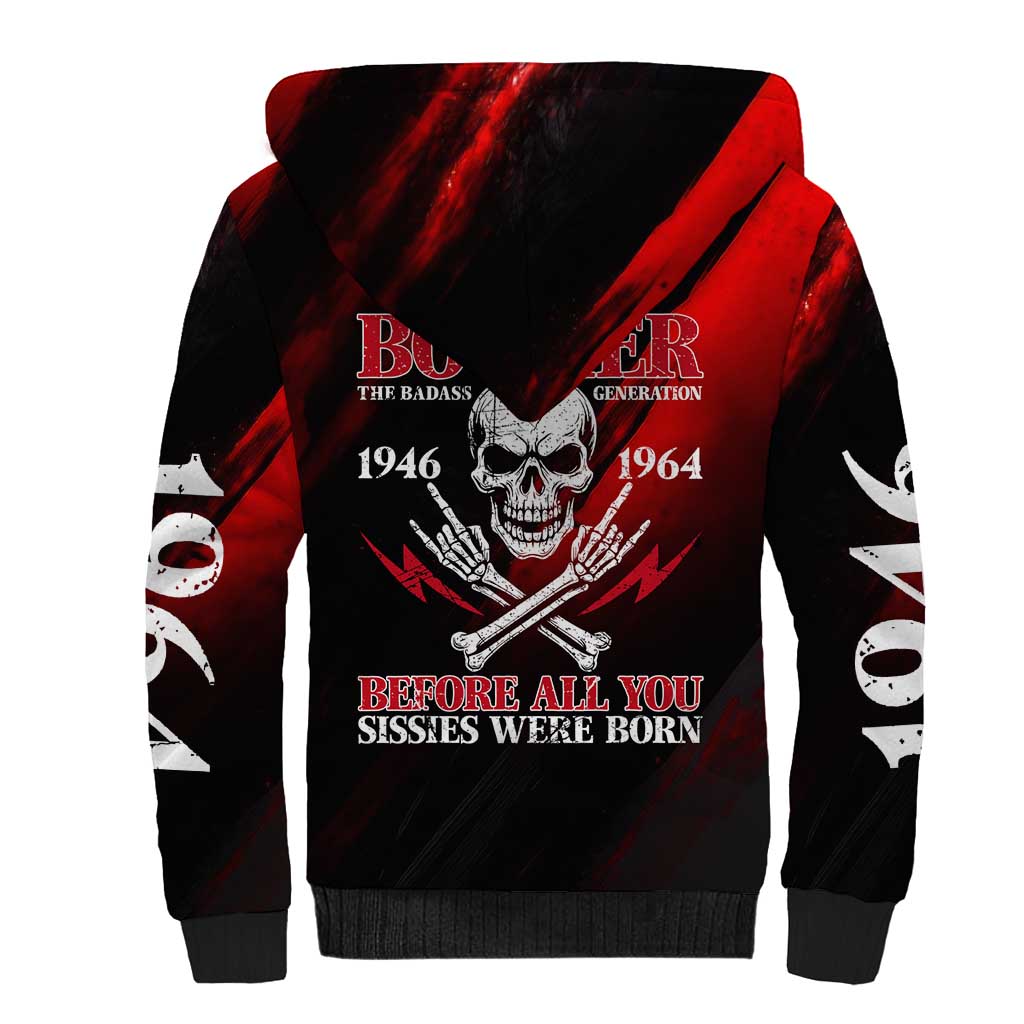 Boomer Generation Sherpa Hoodie with Skull Crossbones and Grunge Streak Pattern