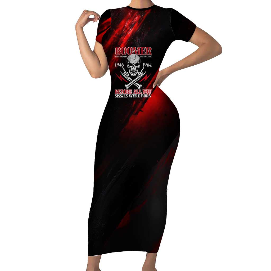 Boomer Generation Short Sleeve Bodycon Dress with Skull Crossbones and Grunge Streak Pattern