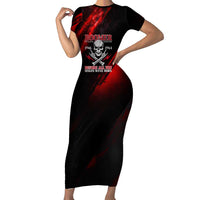 Boomer Generation Short Sleeve Bodycon Dress with Skull Crossbones and Grunge Streak Pattern