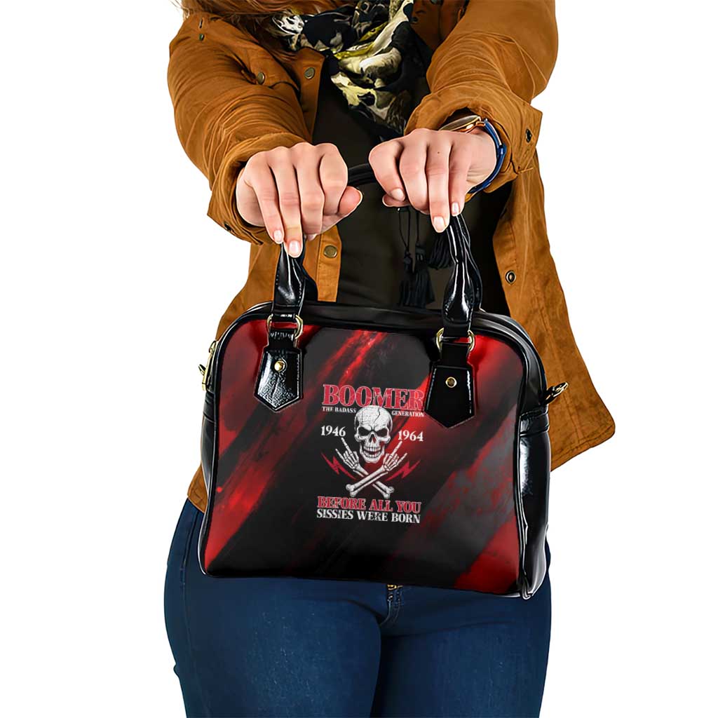Boomer Generation Shoulder Handbag with Skull Crossbones and Grunge Streak Pattern