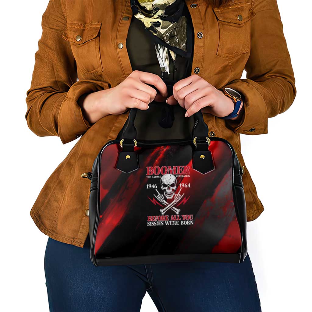Boomer Generation Shoulder Handbag with Skull Crossbones and Grunge Streak Pattern