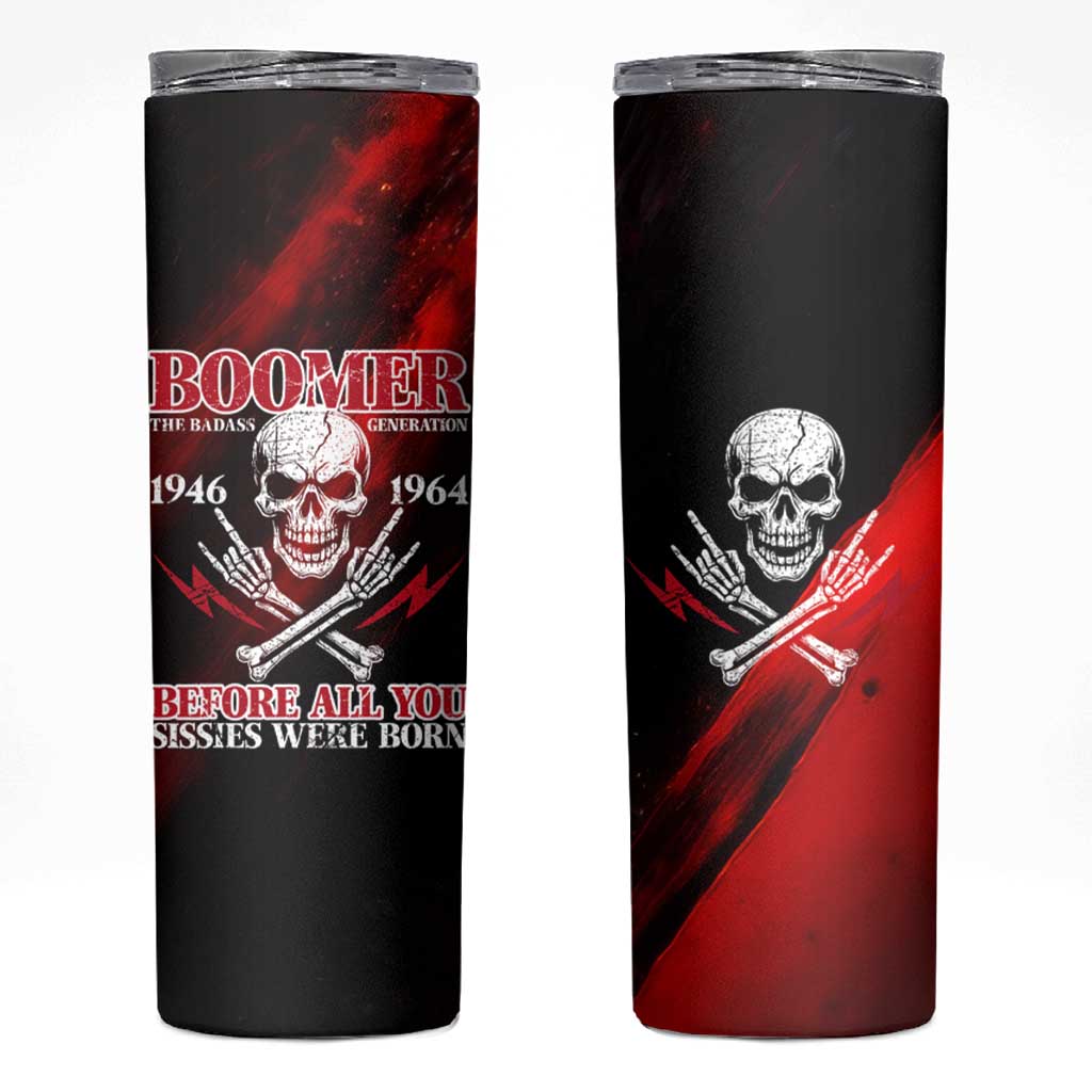 Boomer Generation Skinny Tumbler with Skull Crossbones and Grunge Streak Pattern