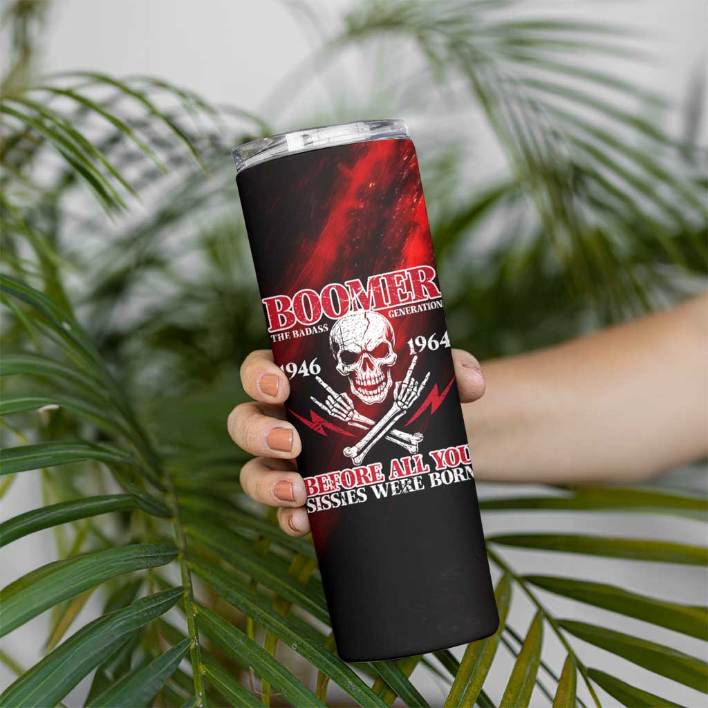 Boomer Generation Skinny Tumbler with Skull Crossbones and Grunge Streak Pattern